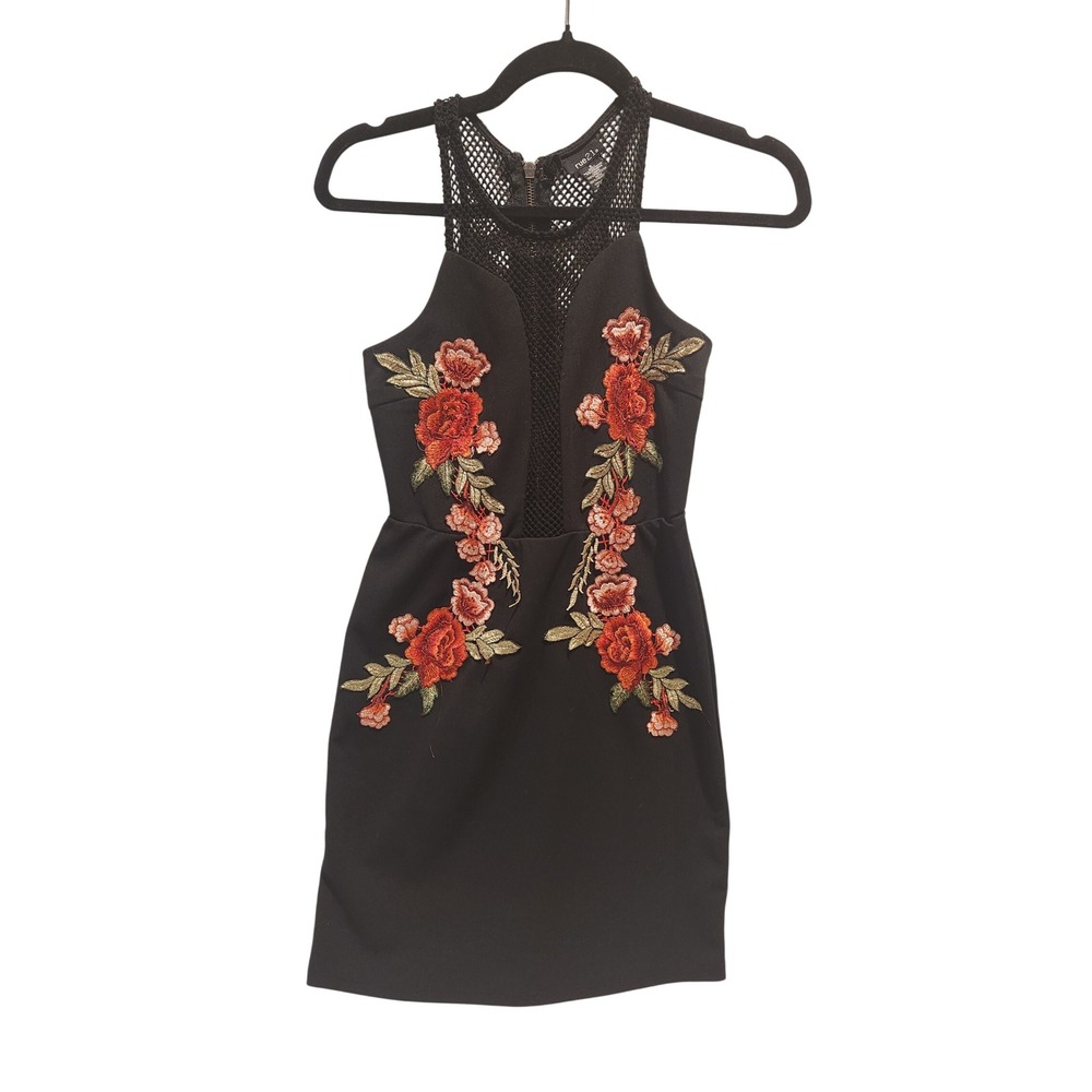 Y2K Rue21 Black Mesh Illusion Embroidered Bodycon Mini Dress S Edgy Grunge